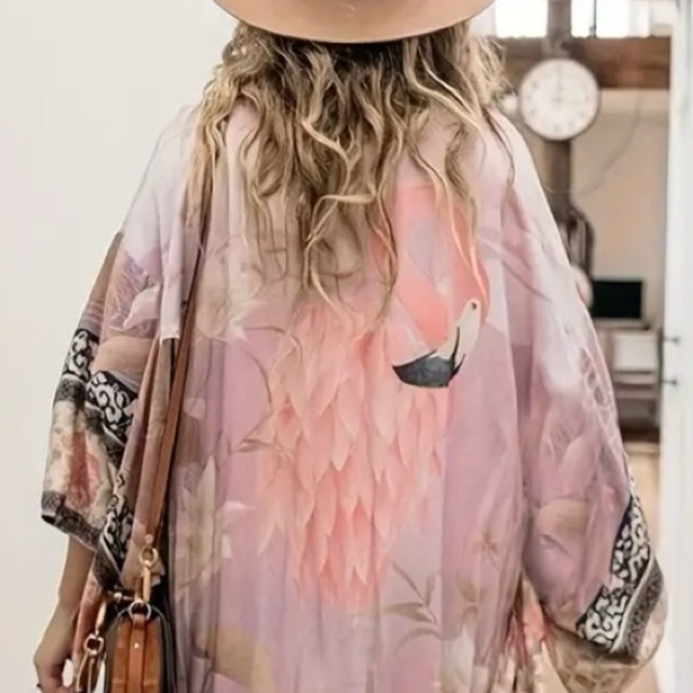 🦩🌴 Pink Flamingo Floral Kimono Swim Coverup ~ Brand New - Picture 5 of 17
